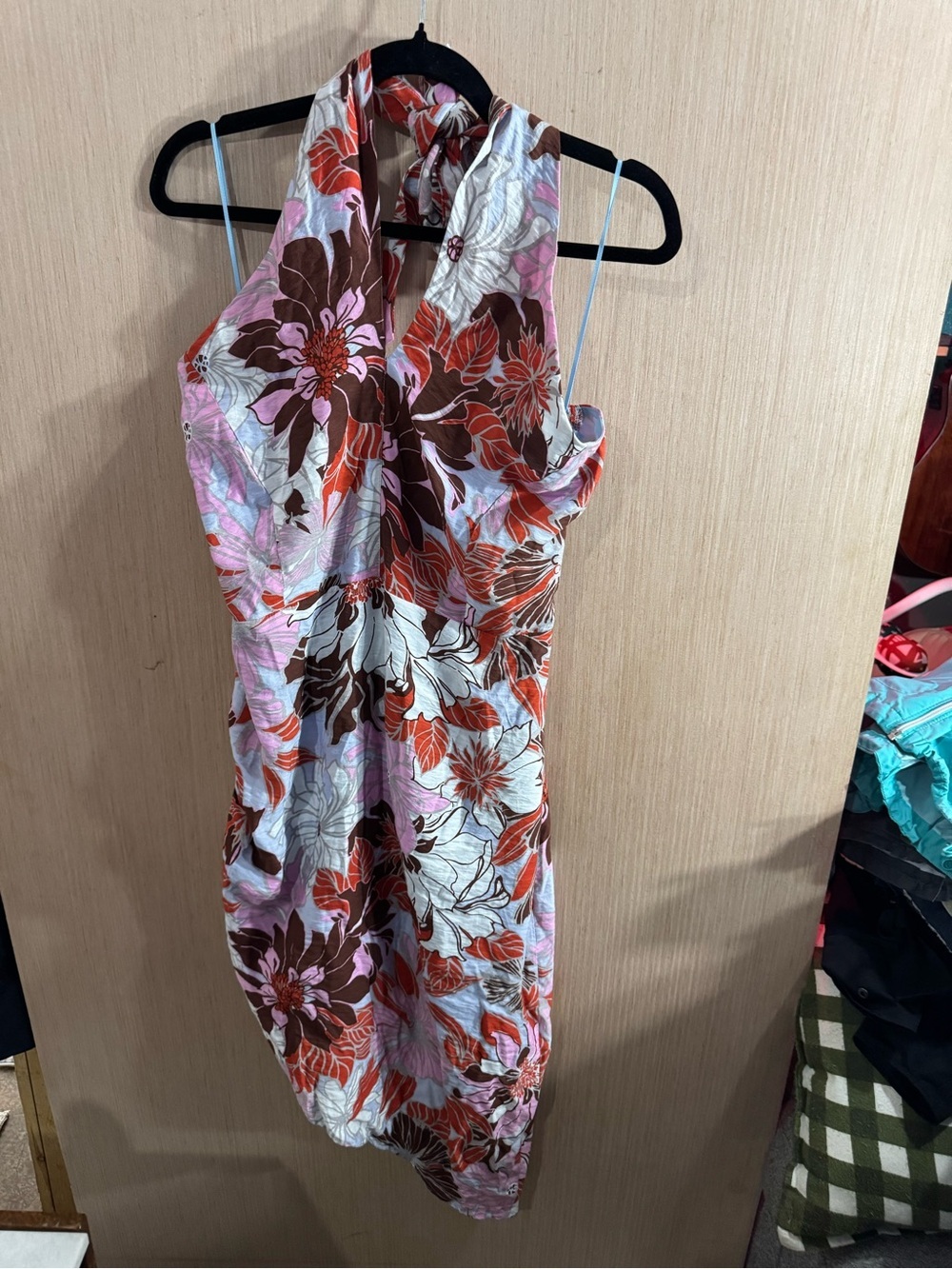 Heartloom Nicia Floral Halter Asymmetrical Dress in Pink, Brown & Red Size Large